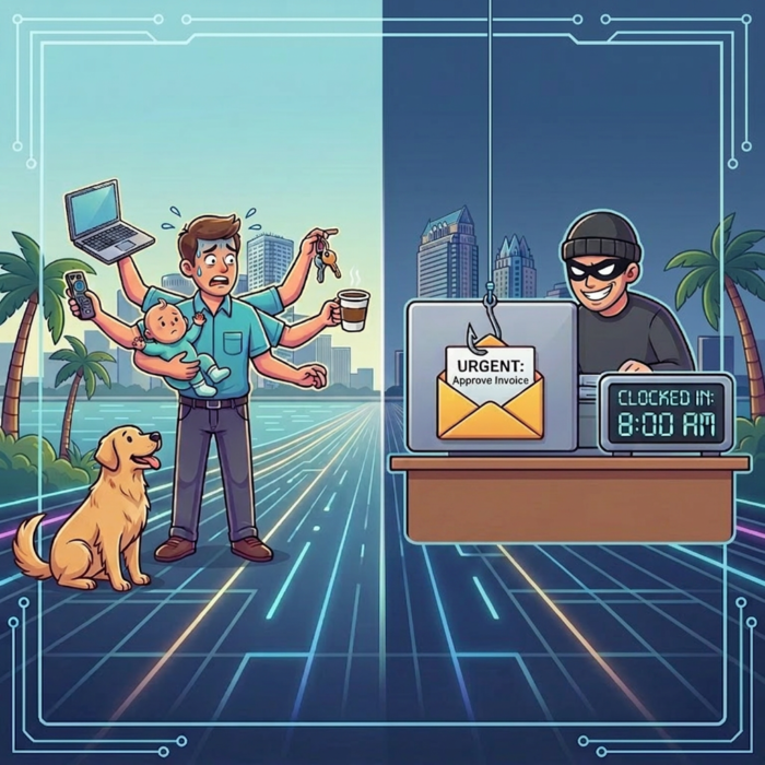 Split-screen illustration showing an overwhelmed worker juggling remote work, childcare, and a dog while a hacker targets an “Urgent: Approve Invoice” email on a laptop—business email compromise and invoice fraud concept.