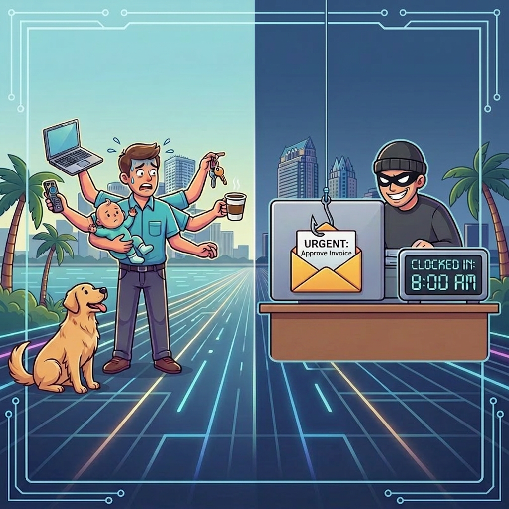 Split-screen illustration showing an overwhelmed worker juggling remote work, childcare, and a dog while a hacker targets an “Urgent: Approve Invoice” email on a laptop—business email compromise and invoice fraud concept.